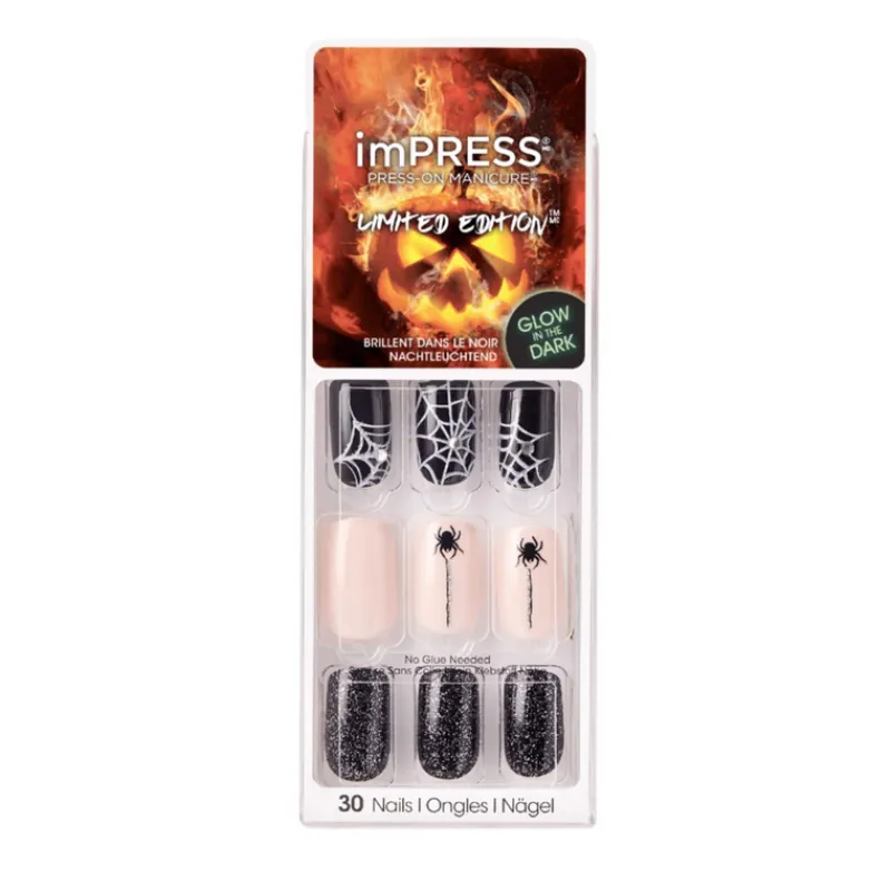 False Nails^Kiss Impress Halloween Nails Medium Spider Webs Glow in the Dark